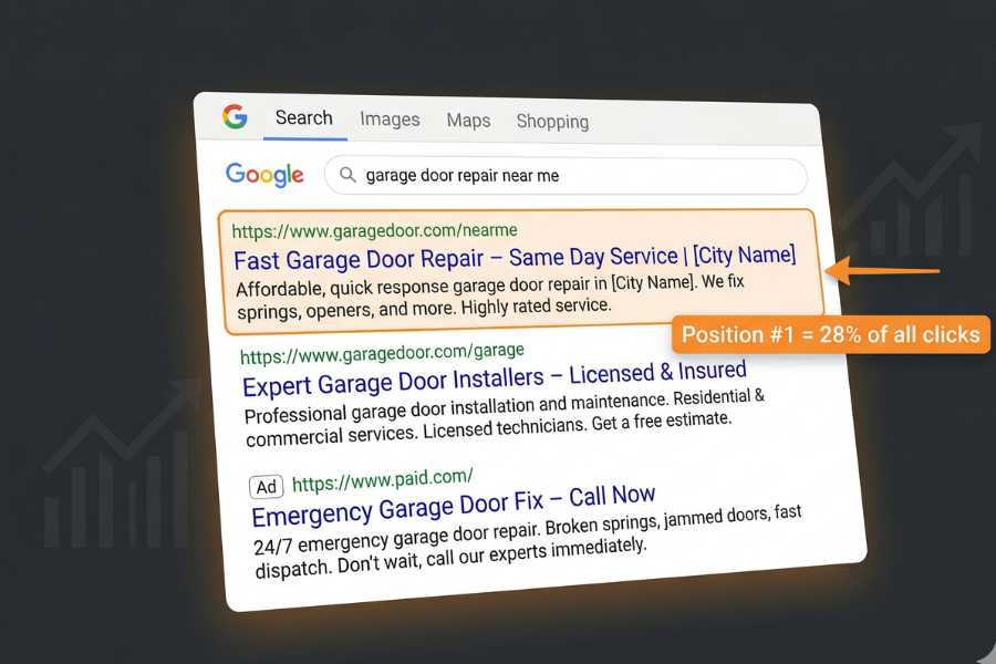 Google search results showing garage door company ranking in Map Pack