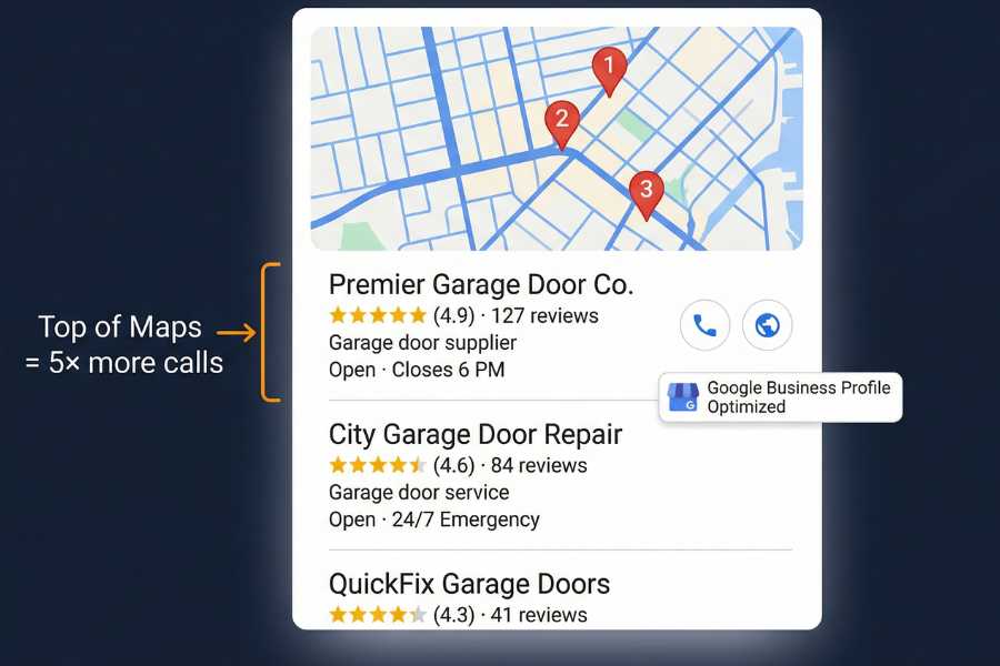 Google Maps showing garage door company in the Map Pack top 3