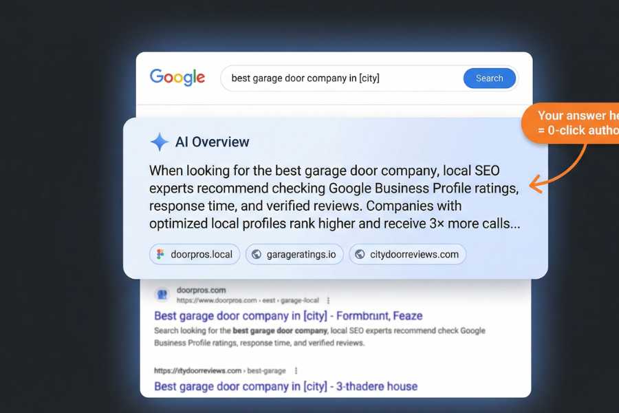 AI search interface showing garage door company mentioned in ChatGPT answer