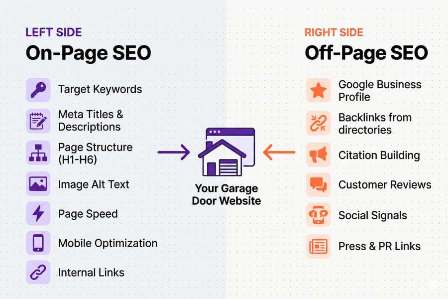 SEO diagram showing on-page and off-page optimization factors for garage door website