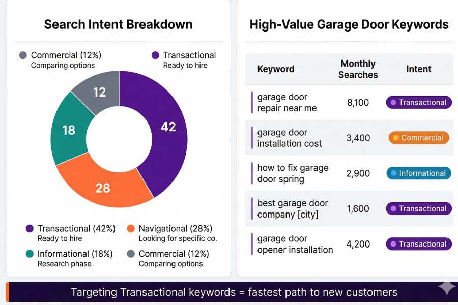 Keyword research tool showing high-intent garage door search terms with call volume data